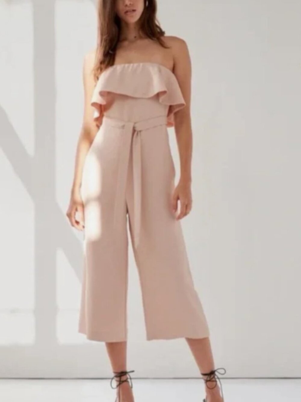 Aritzia Babaton Flutter Jumpsuit Blush Pink Ruffle Strapless